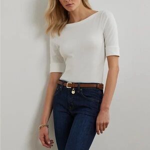 NWOT Lauren Ralph Lauren Boatneck Top White T Shirt Size Message